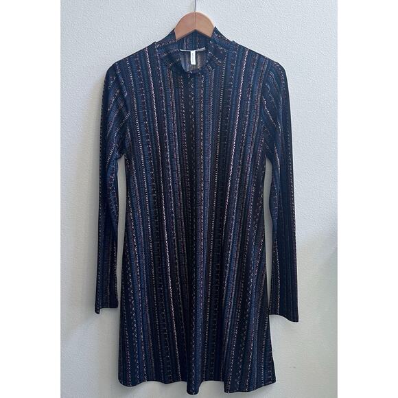 BCBG Mini Dress Mini Black Green Mock Neck Long Sleeve Grunge Mod Hippie Boho S - Picture 1 of 5